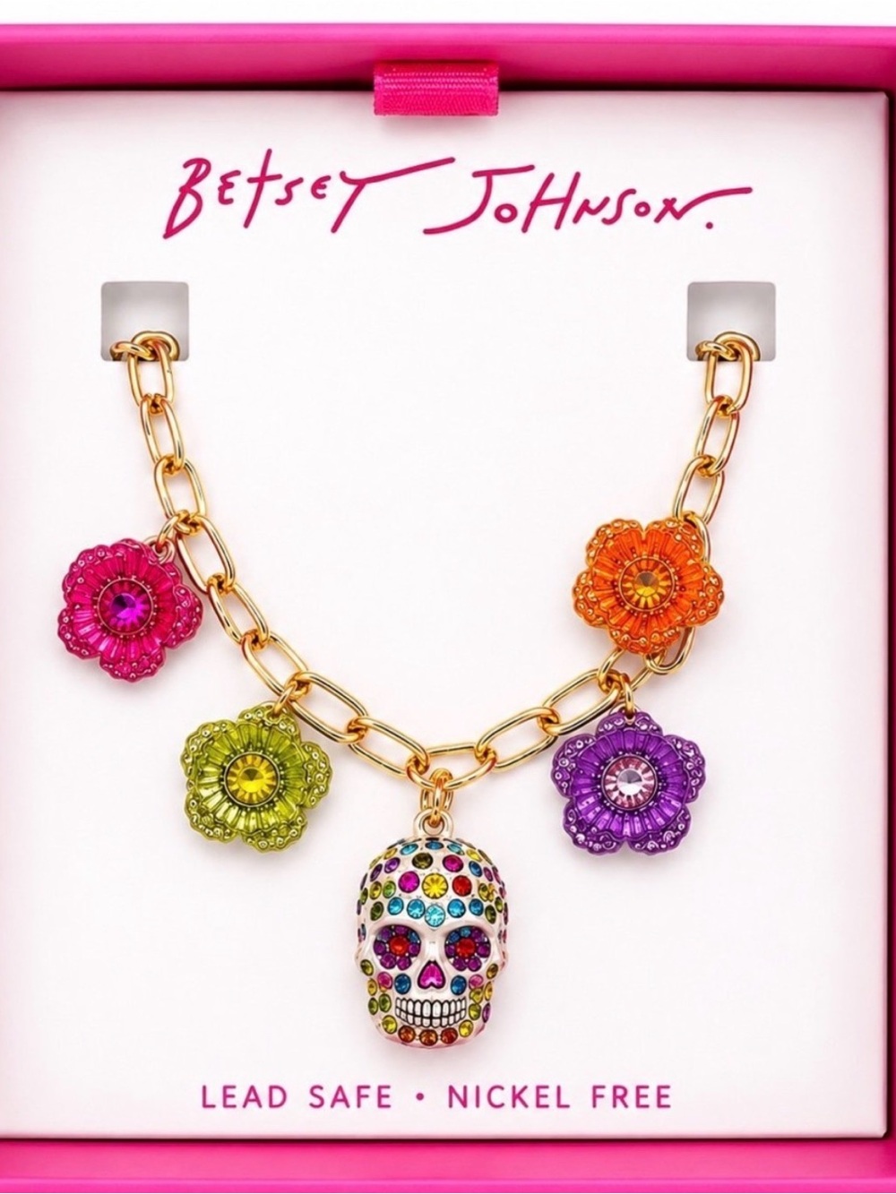NIB Betsey Johnson Day of the Dead Sugar Skull and Colorful Flower Necklace